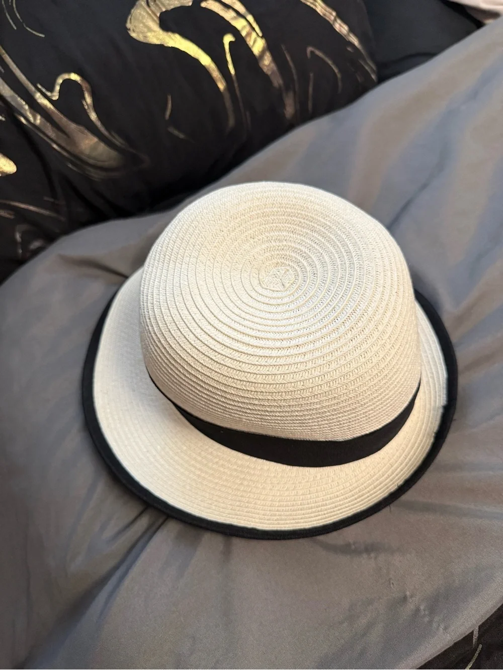 Cream Straw Sun Hat with Black Band and Trim